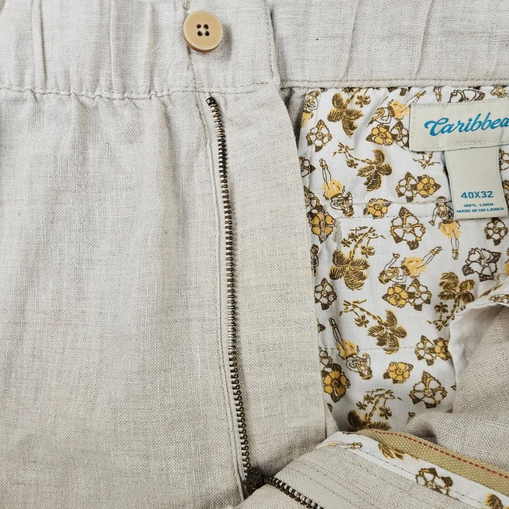 Caribbean Mens Linen Pants Beige Oatmeal Elastic Waist Drawstring Summer